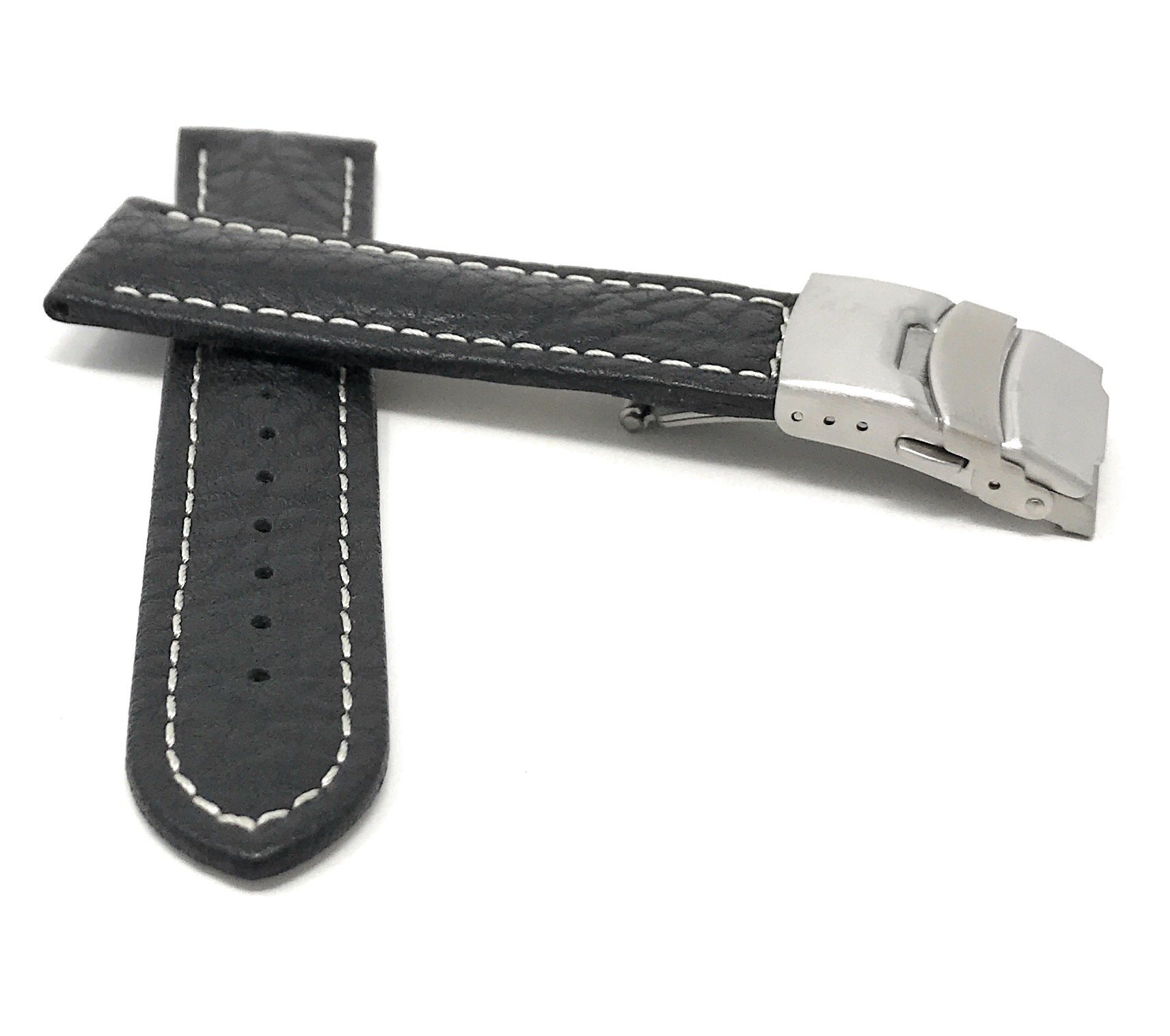 Bandini 20mm Mens Italian Leather Watch Band Strap - Black - Deployment Clasp Buckle - White Stitch