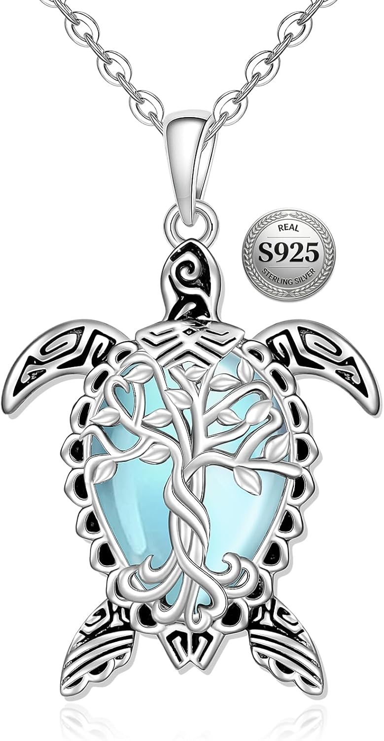 Fenthring Sea Turtle Necklace for Women Moonstone Tree of Life Necklace Sterling Silver Sea Turtle Necklaces Turtles Pendant Mothers Day Gifts