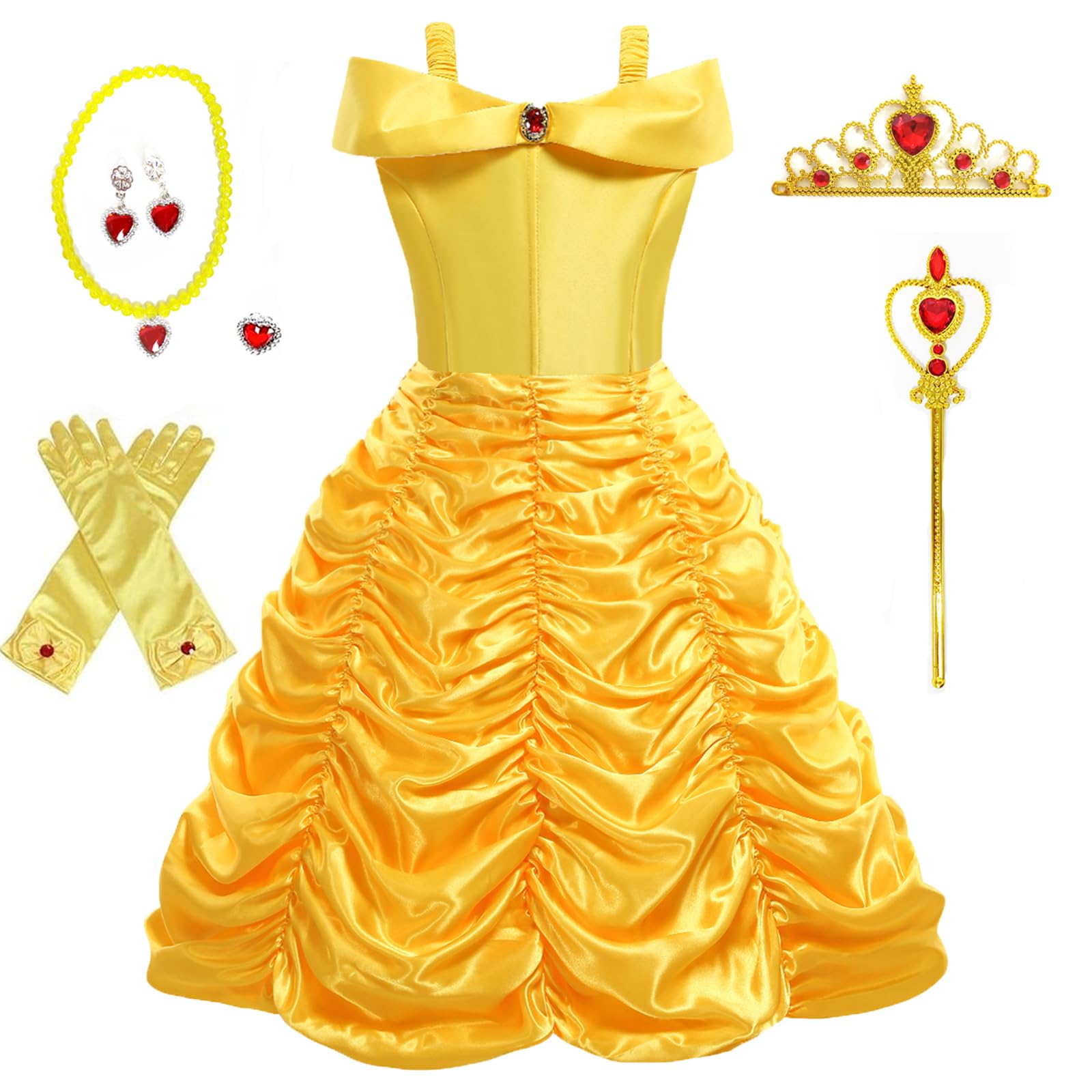 Foierp Princess Belle Dress Up for Girls Yellow Off-Shoulder Layered Costume for Kids Birthday Halloween Christmas