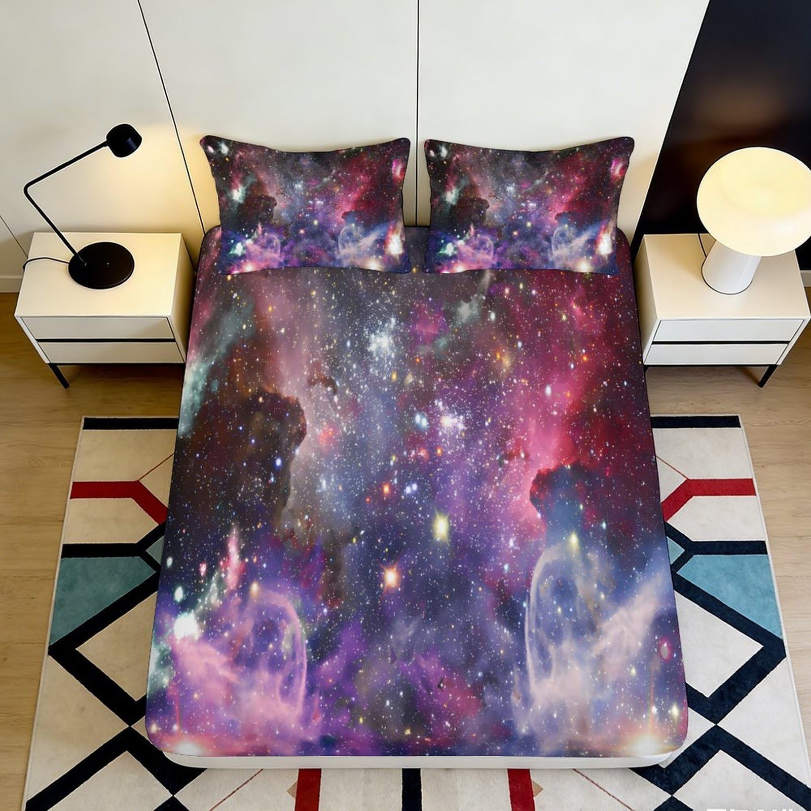3D Printed Galaxy Starry Sky Fitted Sheet Microfiber Soft Bedroom Decor Cosmic Nebula Mattress Cover Dustproof Easy Care 90x200x25cm