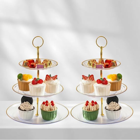 2 Pack of 3 Tiered Transparent Plastic Dessert Cup Cake Stand Holder | Small Tiered Serving Cake Stand, Clear Plate with Gold Rim, Weddings Parties Pastry Serving Tray