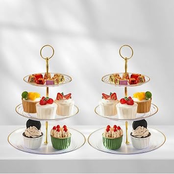 2 Pack of 3 Tiered Transparent Plastic Dessert Cup Cake Stand Holder | Small Tiered Serving Cake Stand, Clear Plate with Gold Rim, Weddings Parties Pastry Serving Tray
