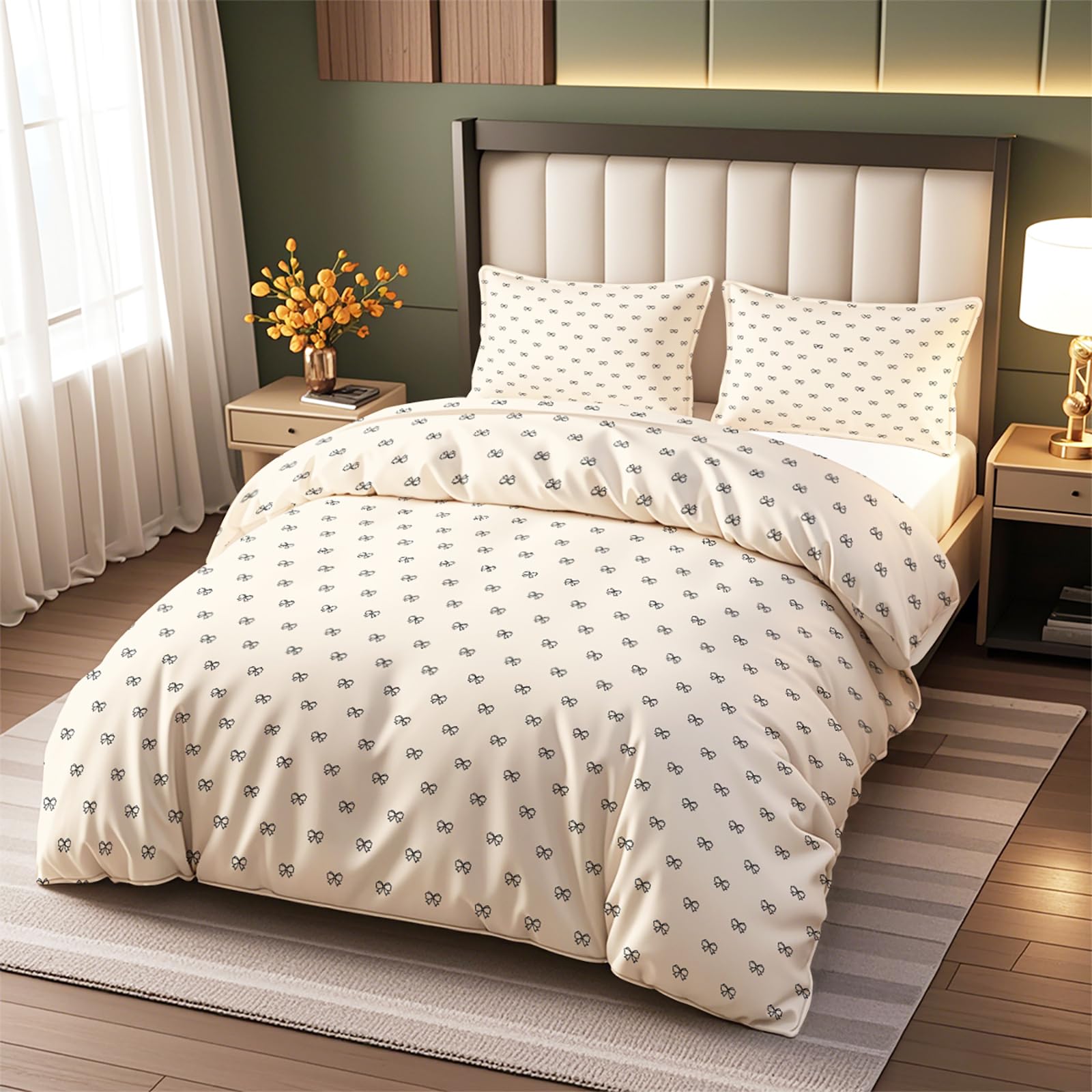 Vryxel Bow Reversible Bedding Single Duvet Cover Set Bed Zipper Beige 135×200CM — image 1