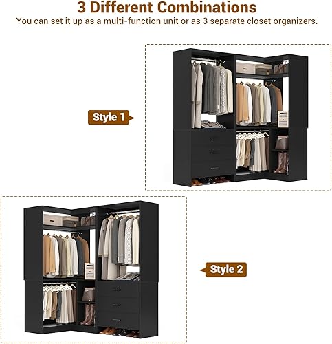 Miniatura 4 de Aheaplus Sistema de armario con 3 cajones, 2 varillas para colgar y torre de esquina, sistema de armario de esquina con colgante, organizador de