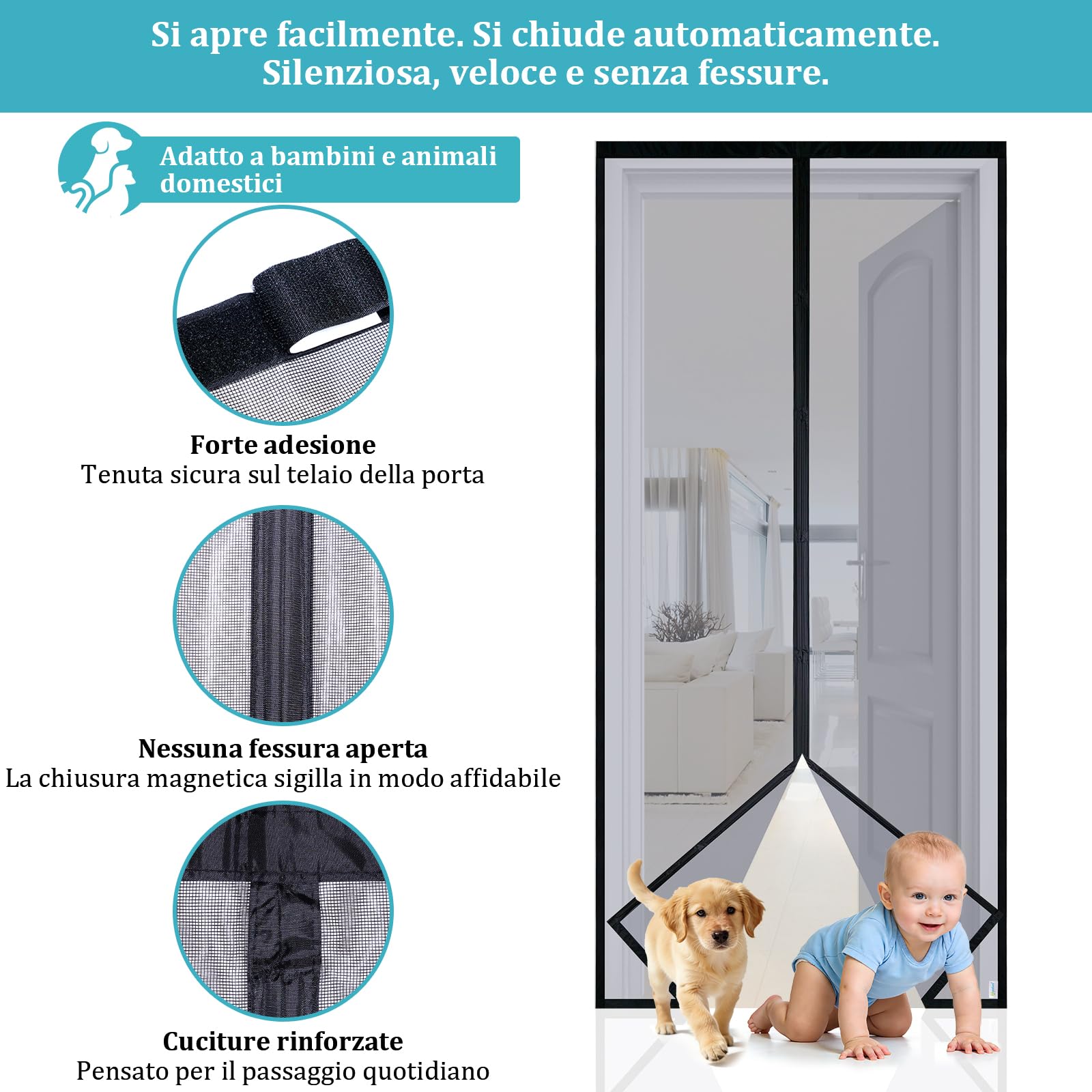 Apalus VP Zanzariera Magnetica per Porta Balcone 120×240 cm, 2× più resistente del modello Classico, anti-graffio per gatti, magneti più forti, fascia auto-adesiva larga 3,8 cm, non accorciabile
