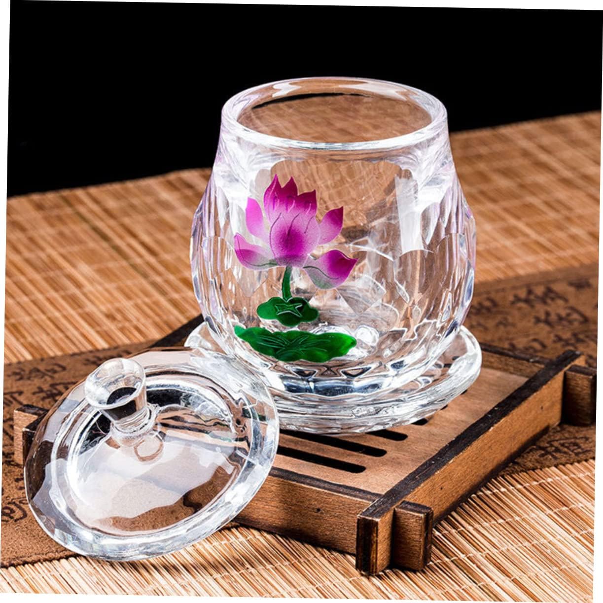 Garneck Lotus Crystal Glass Offering Cup Elegant Buddhist Water Cup for Temple Worship Multi-purpose Decorative Use Easy to Clean for Home and Meditation Spaces