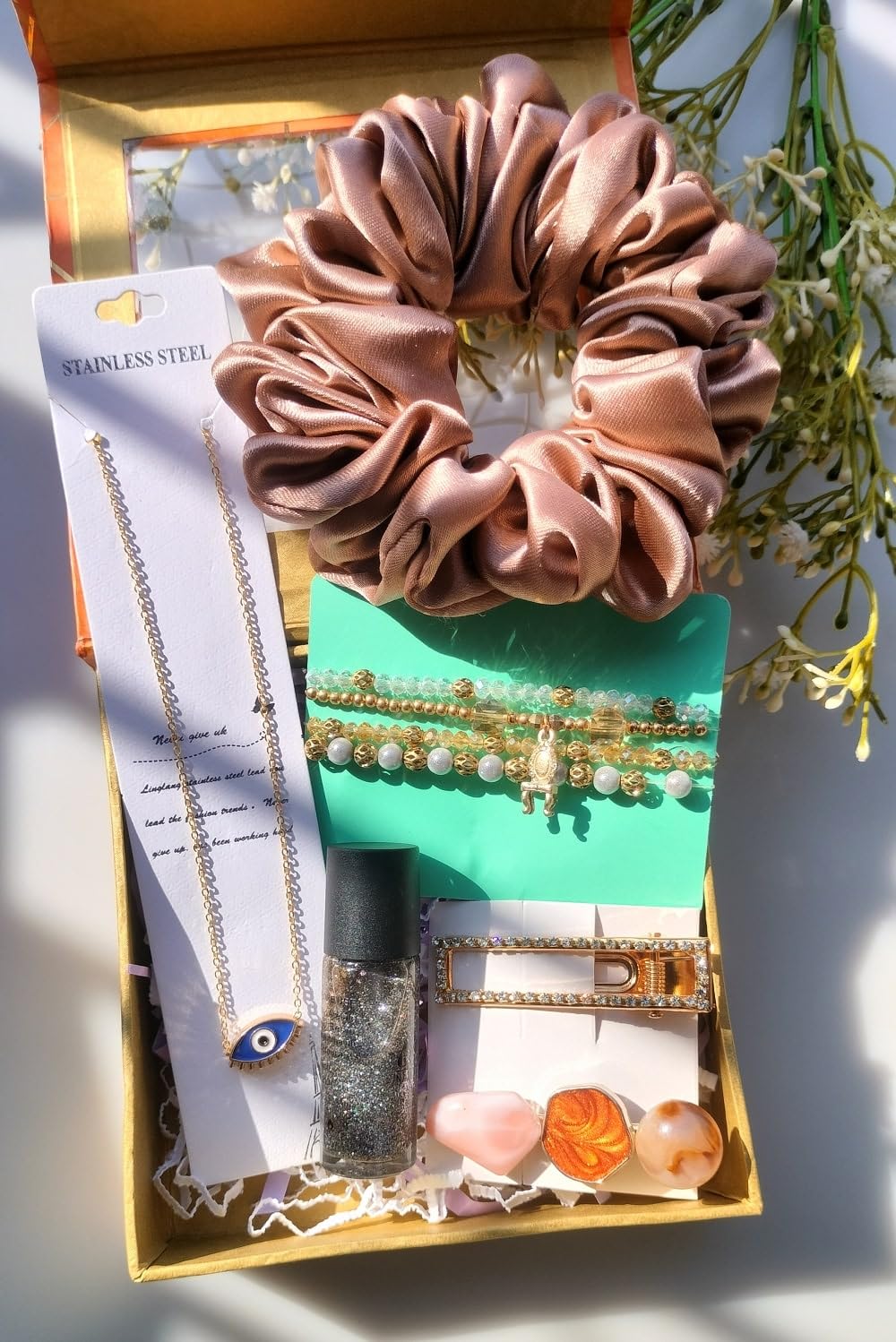 Aspire T Gift Hamper Combo For Women & Girls 1Xl Hair Scrunchies, 2 Hair Pins, 1 Evil Eye Neckpiece, 1 Nail Polish & Set Of 3 Random Hand Braclates With Box Speciality Hammer,Multi-image-4