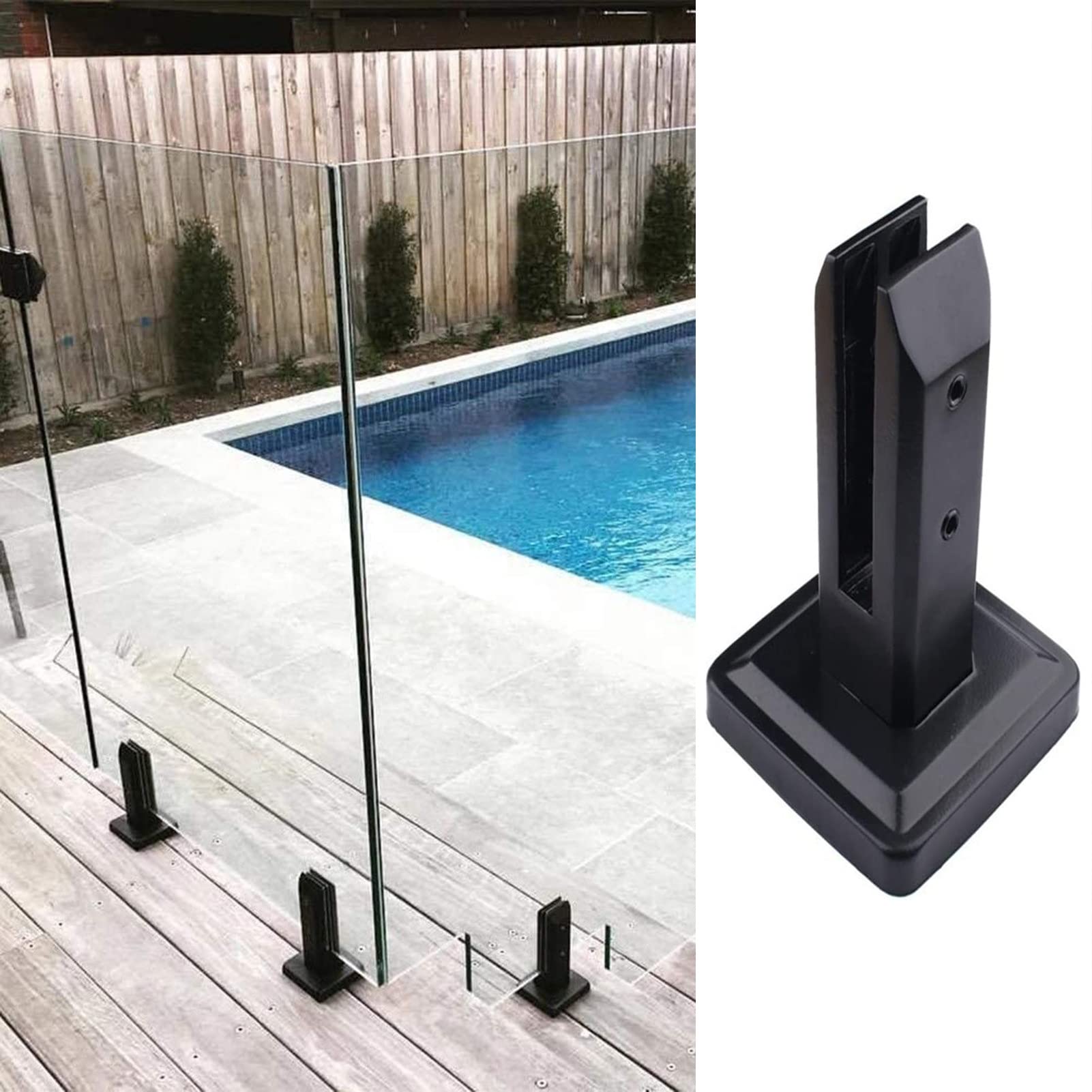 Poteau garde-corps verre carré inox noir 4 pinces biseautées support sol