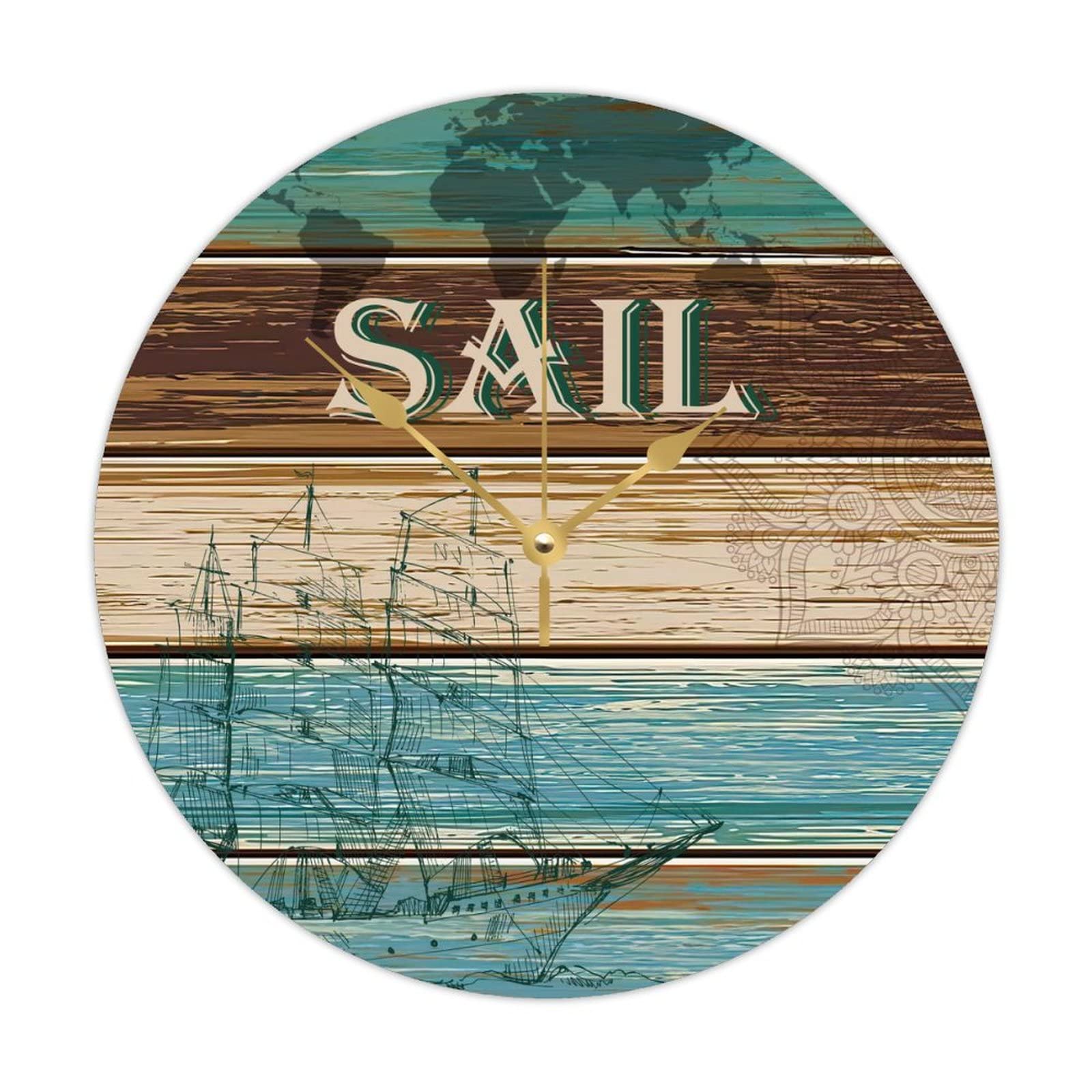 Horloge murale en bois avec ancre nautique ronde et mécanisme silencieux