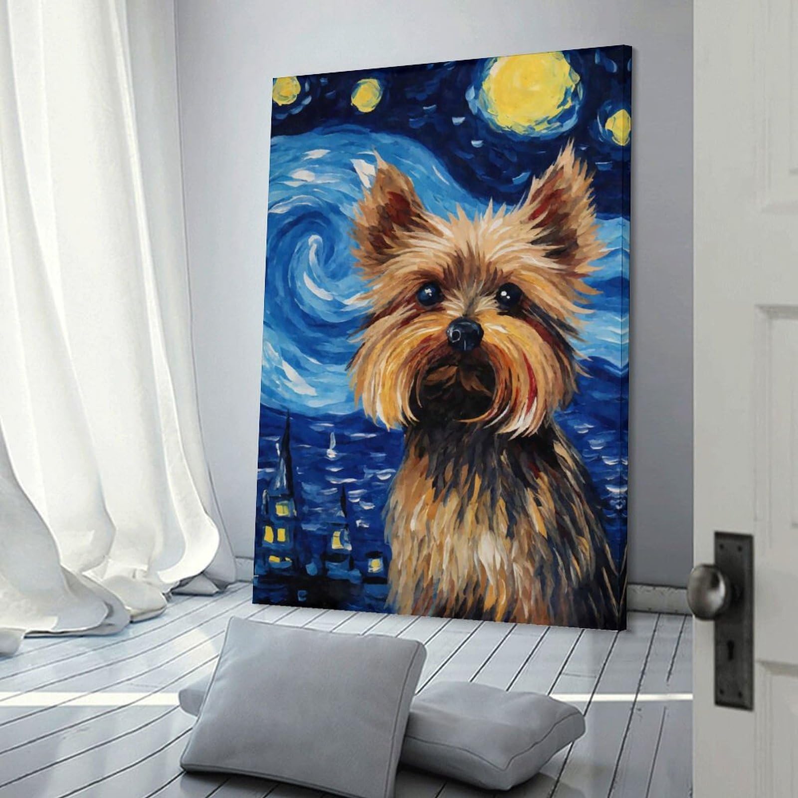 Junmoney Frame-Style-16 Yorkshire Terrier Starry Canvas Wall Decor, 16X24inch(40X60cm), For Flats, Guest Rooms Or Compact Rooms, Decorative Canvas Decor For Home Updates