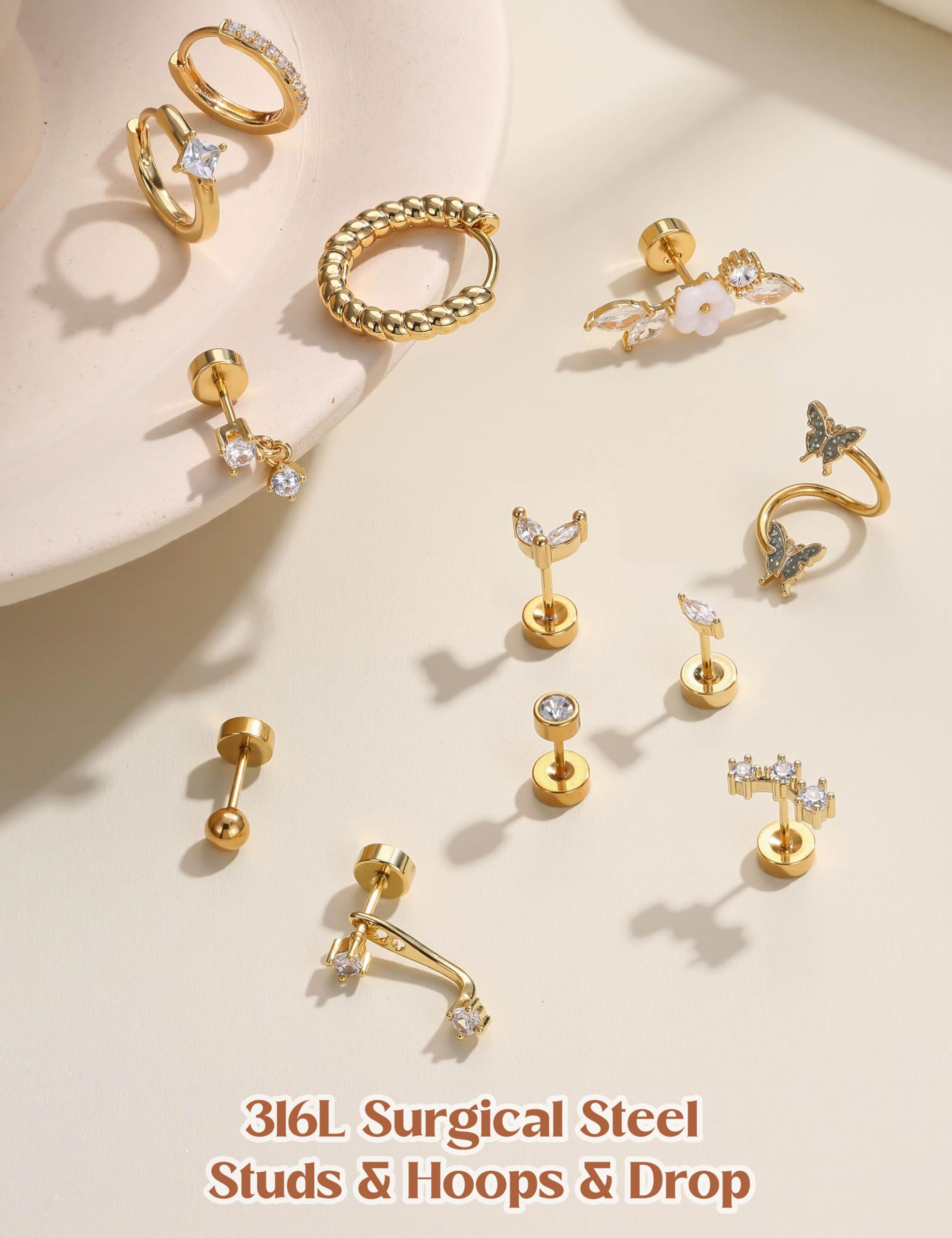 HMJGDHX 12 sztuk Helix Piercing biżuteria srebrne złote kolczyki dla kobiet chirurgiczne stalowe kolczyki z płaskim tyłem Rook Daith Conch Tragus Piercing biżuteria małe Helix Hoop kolczyki na