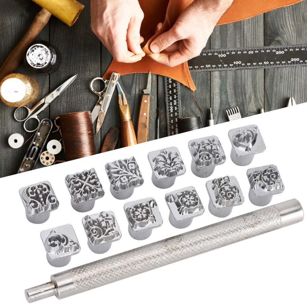 Meagtlva Leather Stamps Tools, 12pcs Animal and Plant Stamping, Zinc Alloy Stamp Tool Set with Different Pattern Punching Head Tools for Imprinting Leather (12pcs Plants)
