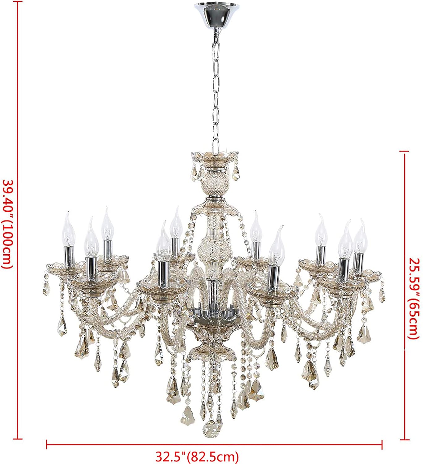 Ridgeyard 25.6 x 35.4 Inch Modern Luxurious 10 Lights K9 Crystal Chandelier Candle Pendant Lamp Living Room Ceiling Lighting for Dining Bedroom Hallway Entry (Cognac/Champagne Color) - - 