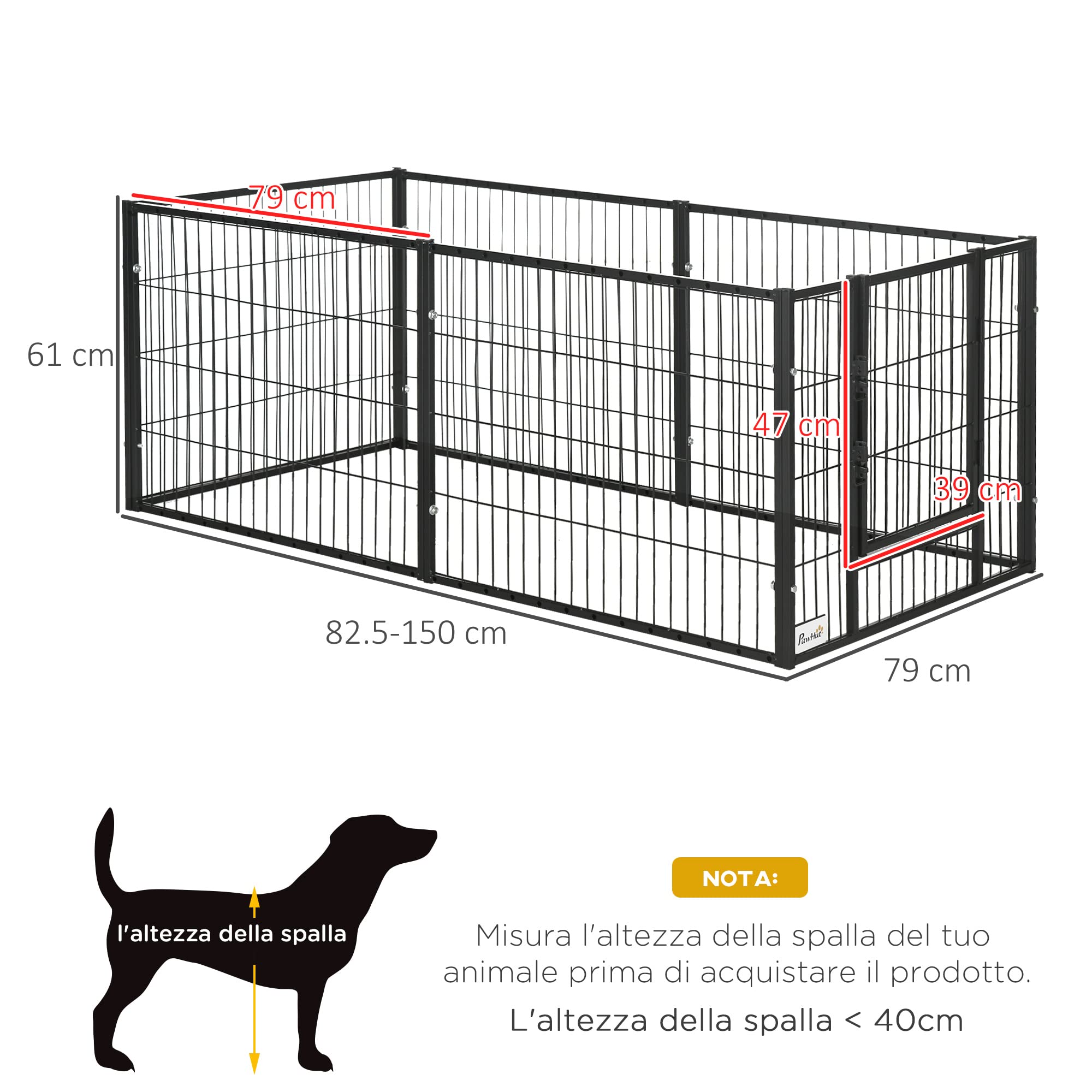 PawHut Recinto per Animali con 6 pannelli per Esterni e Interni, Lunghezza regolabile 82.5-150x79x61cm, Metallo