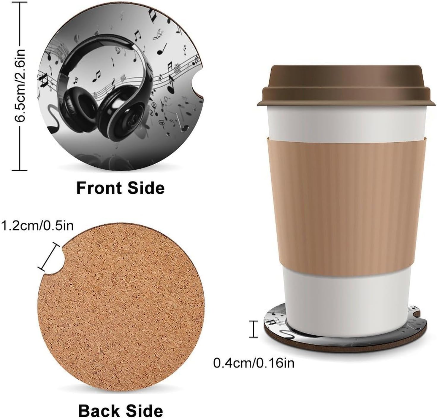 Music Car Coasters Cup Holder Insert Coaster, 2Pcs Absorbent Cork Bar Coasters, Heat Resistant Reusable Anti Slip Drink Coaster Car Decor Auto Accessories for Women image 2