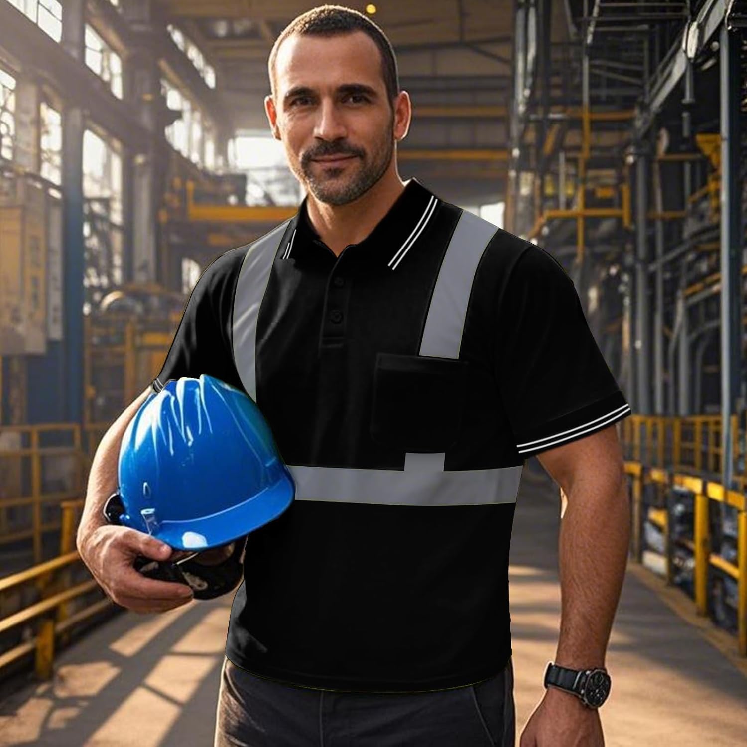 Hi Vis Polo Shirts for Men Construction Class 3 High Visibility Shirts, Reflective Safety T-Shirts for Men Women, Short Sleeve Work Shirts, Breathable, UPL-Black XL - Image 5