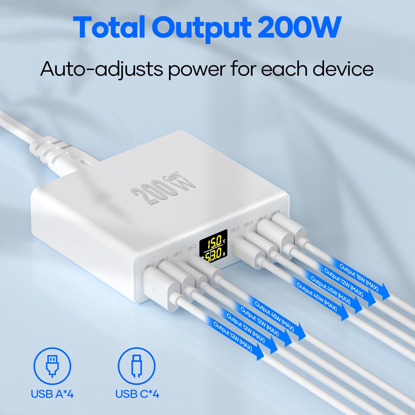 Cargador USB C Multiple 8 Puertos con Pantalla LED, YSYFAD 200W Estacion de Carga PD PPS Cargador USB C Carga Rapida Charger Tpye-C 45W QC USBA para iPhone iPad Macbook Portátiles Samsung, Blanco