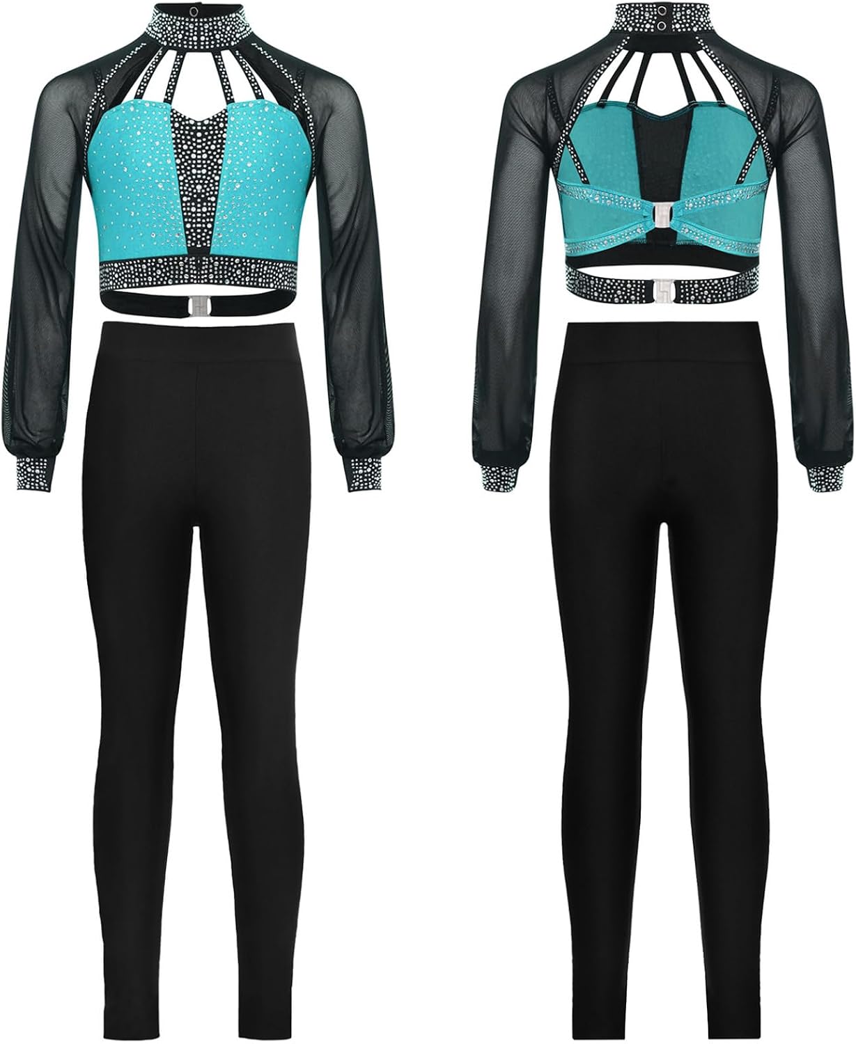 Linjinx Kids Girls Shiny Rhinestone Long Sleeve Crop Top with Figure Skating Dance Leggings Pants Set for Performance Blue Green 16 Years