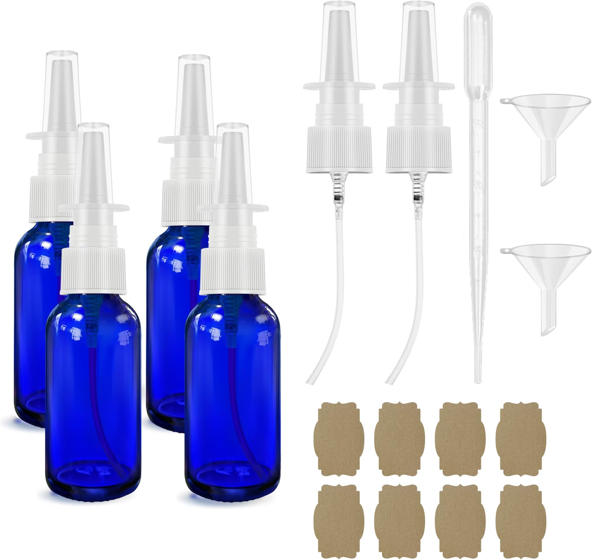 Nasal Spray Bottle Spray Bottles 4Pcs 1oz(30ml) Blue with Press Spray Head Refillable Portable Fine Mist, 2* funnel, 1* dropper, 8* label