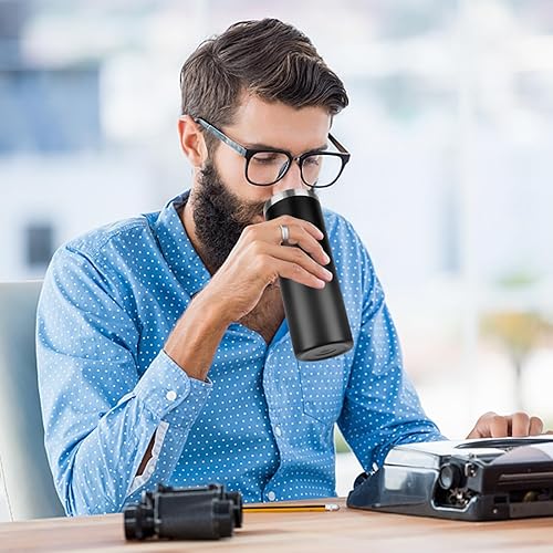 Miniatura 6 de Vaso térmico de acero inoxidable aislado al vacío de doble pared con tapa y popote, para bebidas calientes y frías (negro, 8)