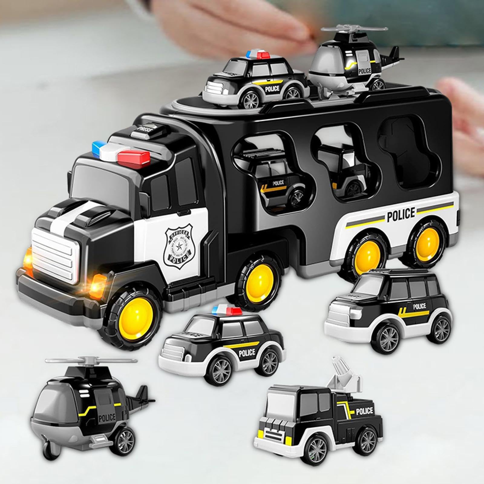7 Teiliges Spielzeug LKW Set mit Reibungsantrieb, Licht Und Musikfunktion, Aus PP Material, Geeignet für Kleinkinder Und Partys, Schwarz