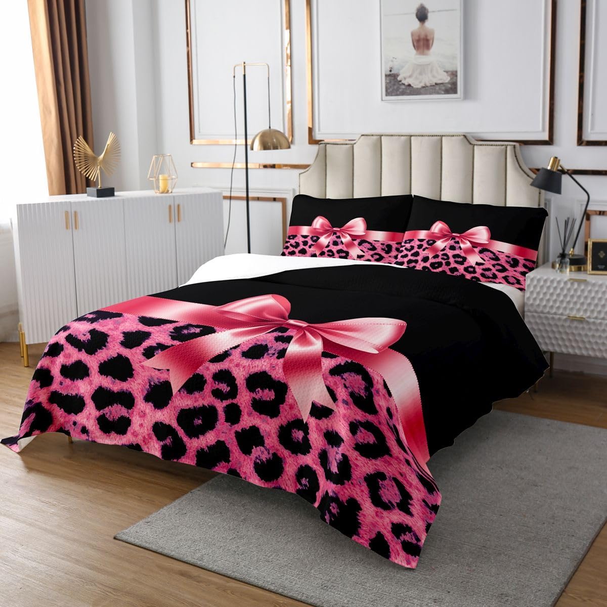 jejeloiu Pink Black Leopard Bedspread Quilts Cute Bowknot Coverlet Set Twin Size for Kids Boys Girls Cheetah Print Quilted Coverlet for All Season with 1 Pillowcase Microfiber
