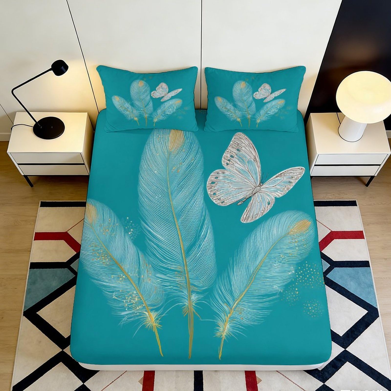 3D Printed Feather Butterfly Fitted Sheet Microfiber Soft Turquoise Bed Cover for Bedroom Guest Room Decor 90x200x25cm