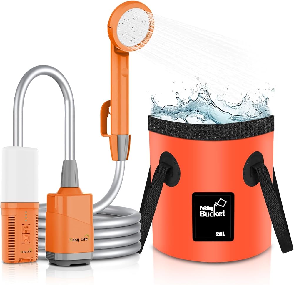 Cosy Life Portable Shower for Camping, Rechargeable Camping Shower Pump with 5 Gallons Collapsible Bucket & LED Light, Electric Outdoor Camp Shower Portable Shower Pump Camping Hiking (5.9 ft Hose)