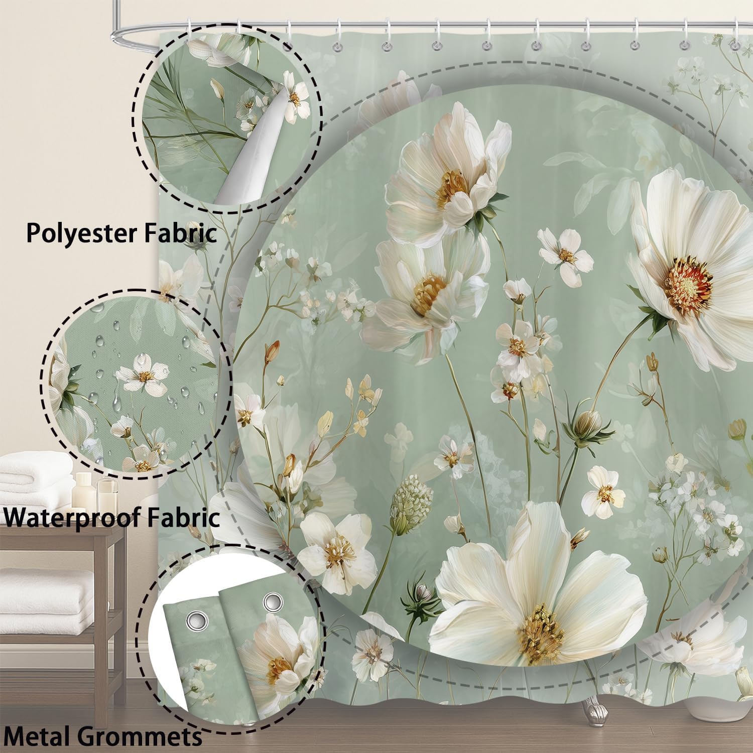 Sage Green Floral Shower Curtain, Boho Rustic Flower Plant Botanical Vintage Chic Bathroom Decor, Farmhouse Country Shower Curtains for Bathroom 72x78 Inch