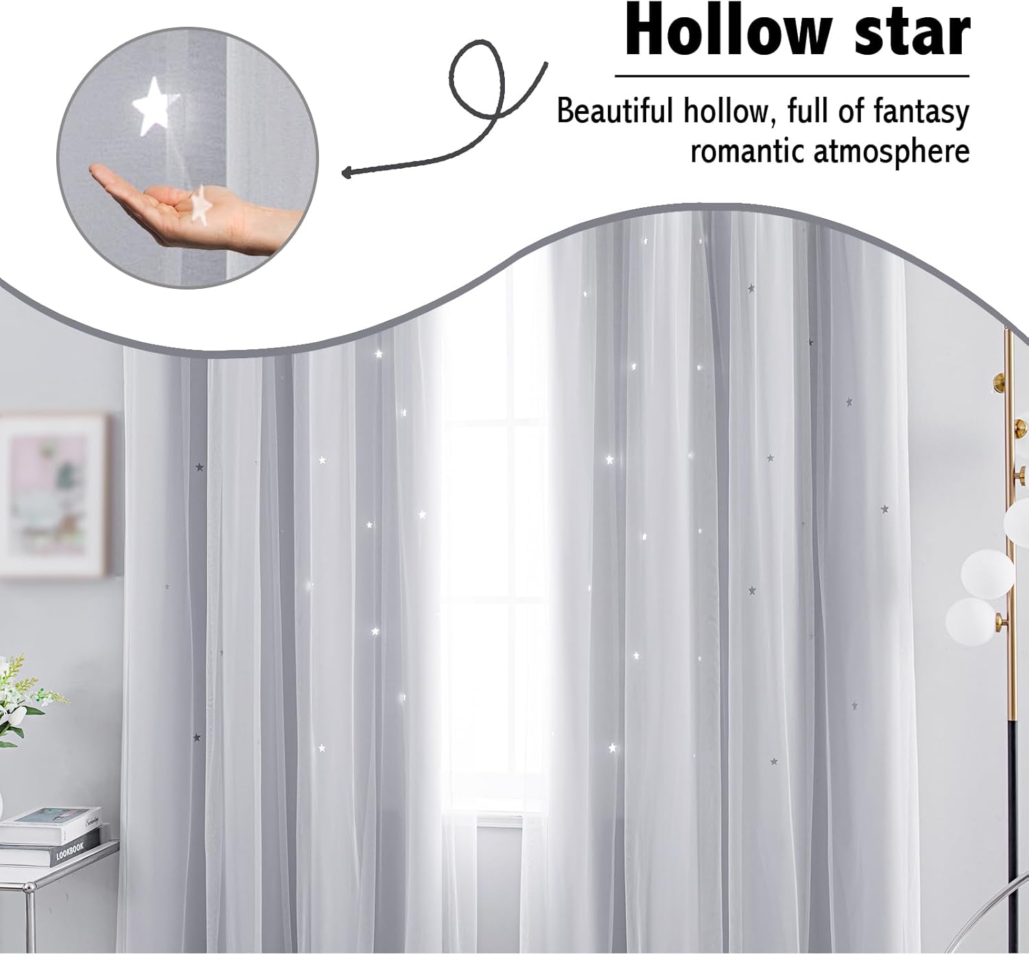 Anytime Romantic Kids Curtain,Hollow-Out Stars Window Curtain Double Layer Blackout Curtains for Girls Bedroom Kids Room 2Panel,(W52 x L72,Greyish White)