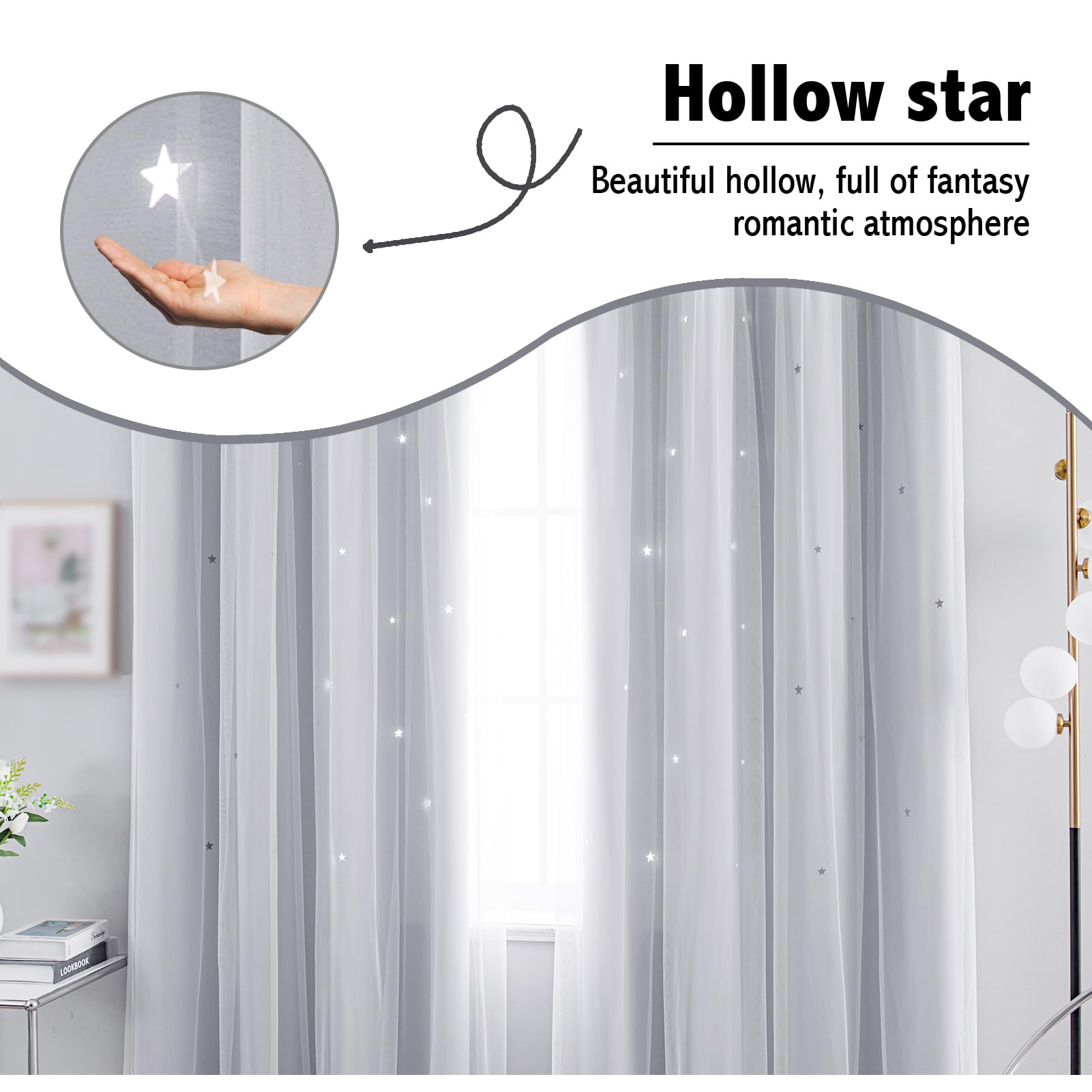 Anytime Cortina romántica para niños, cortina de ventana con estrellas huecas, cortinas opacas de doble capa para niñas, dormitorio, habitación de niños, 2 paneles (52 x 95 pulgadas, blanco grisáceo)