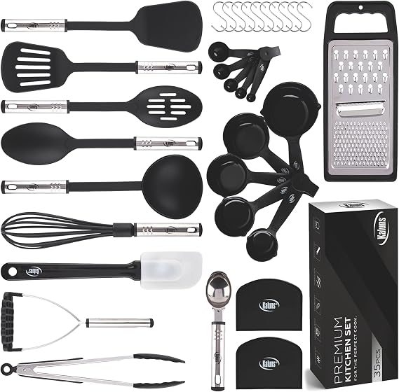 24 Pcs.   - Kaluns Kitchen Utensils - 24 Nylon Stainless Steel Cooking Supplies - Non-Stick and Heat Resistant Cookware set - New Chef's Gadget Tools Collection - Best for Pots and Pans - Great Holiday Gift Idea