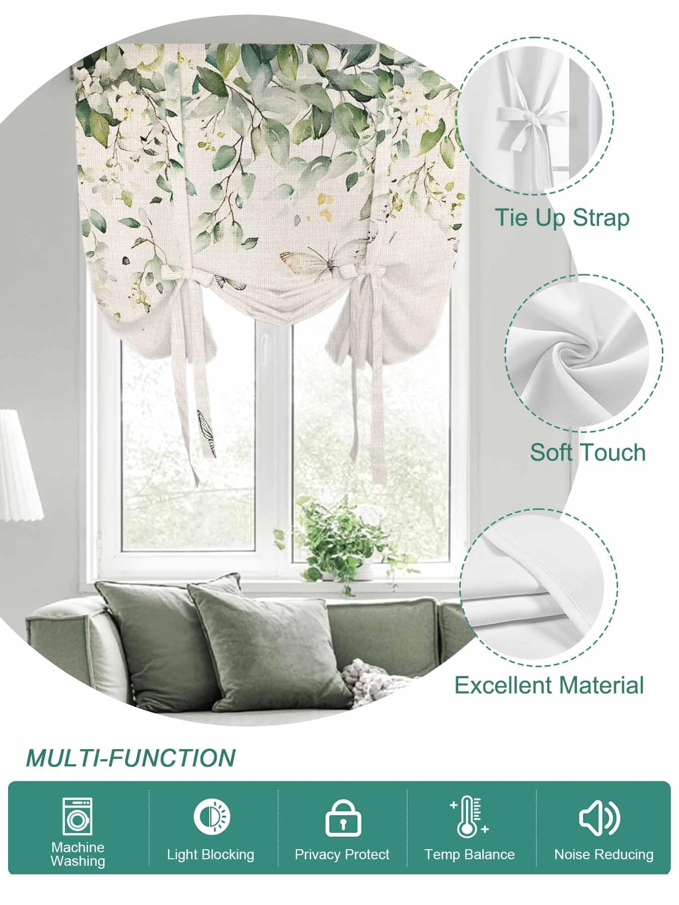 Tie Up Curtains for Windows Eucalyptus Leaves Roman Shade 34 x 45 Inch Bathroom Curtains Window Farmhouse Botanical Vines Butterfly Rod Pocket Short Balloon Curtains for Living Room Kitchen Blinds