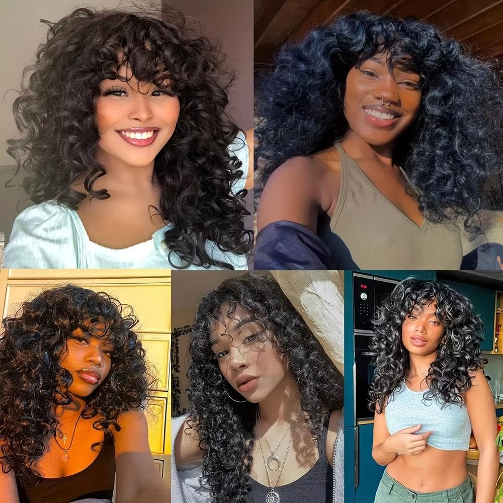 Haarpflege Schwarze Lockige Perücke Für Frauen Mit Pony. Schwarze Lockige Haarperücke Für Den Täglichen Gebrauch Und Cosplay