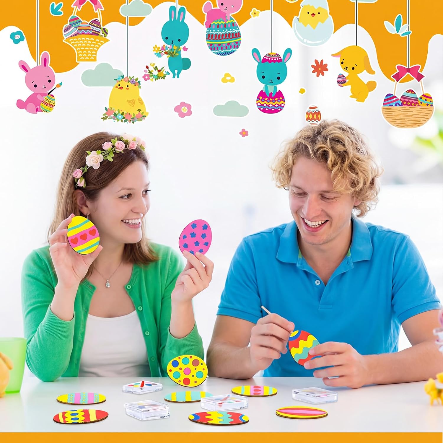Silipull 30 Set Easter Egg Painting Kit Wood DIY Crafts Include Easter Eggs Unfinished Wooden Cutout Colorful Solid Paints and White Organza Bags for Painting Crafts and Decorations