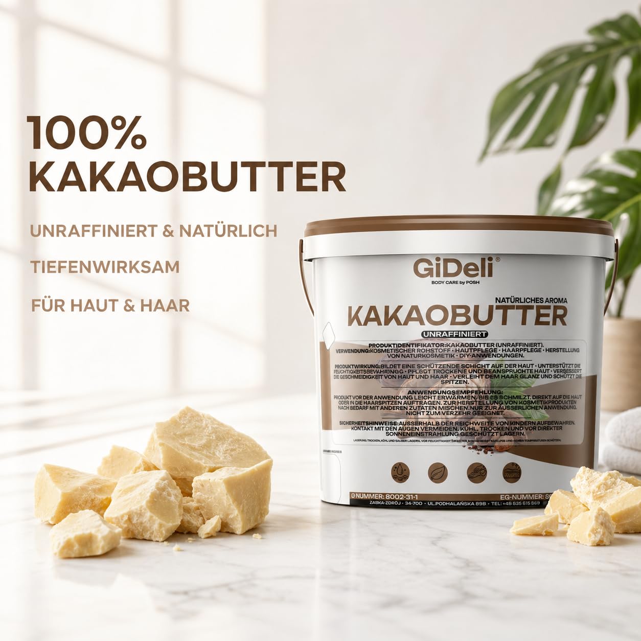 GiDeli Kakaobutter 10kg im Eimer - Das Kakaofett Tiefenwirksam Feuchtigkeitsspendend und Regenerierend - Unraffinierte Butter für Haut und Haarpflege - Das Kakaobohnenfett mit Schutzwirkung