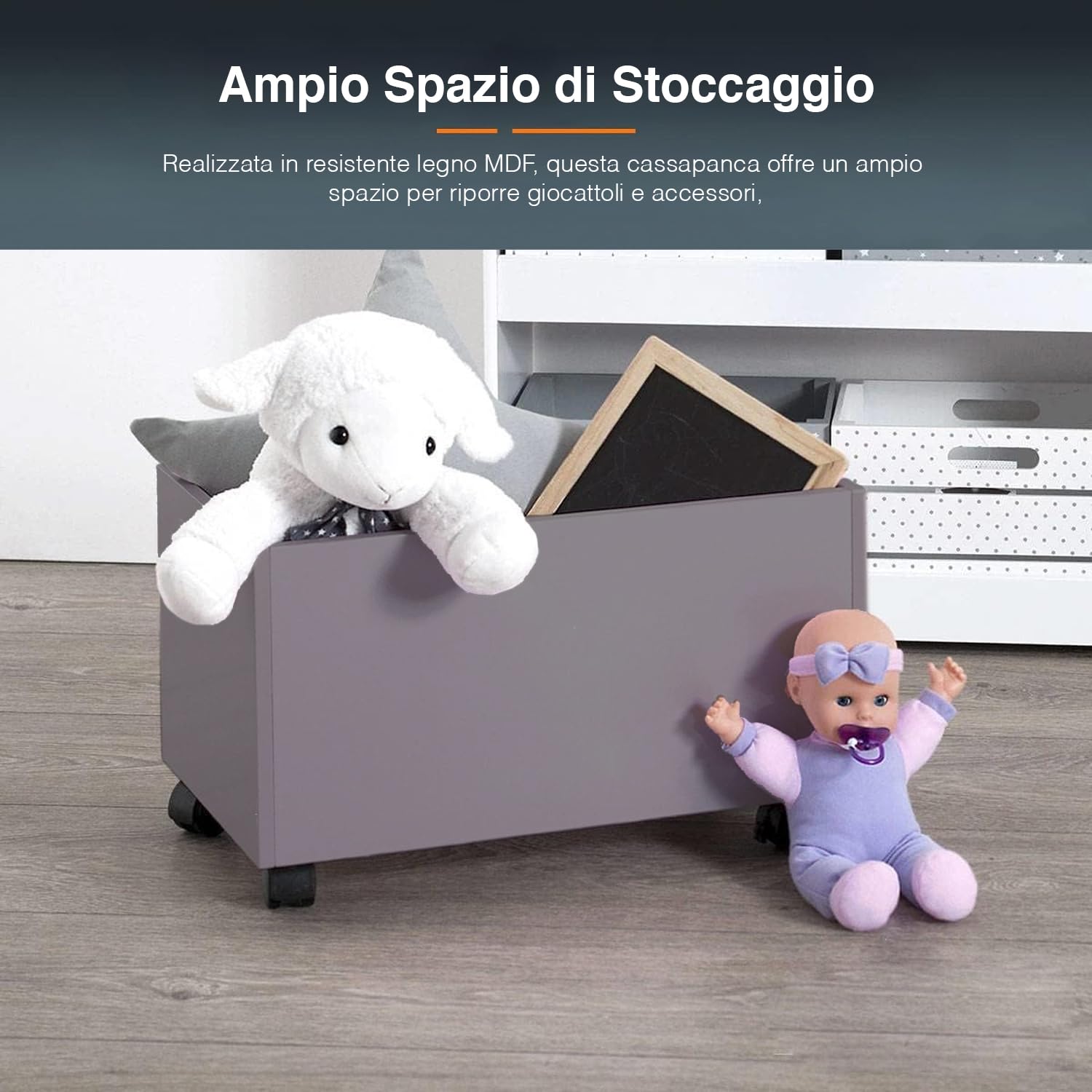 Avilia Baule Portagiochi - Cassapanca Portagiochi con Ruote, in Legno MDF 48x28,5x28cm, Grigio