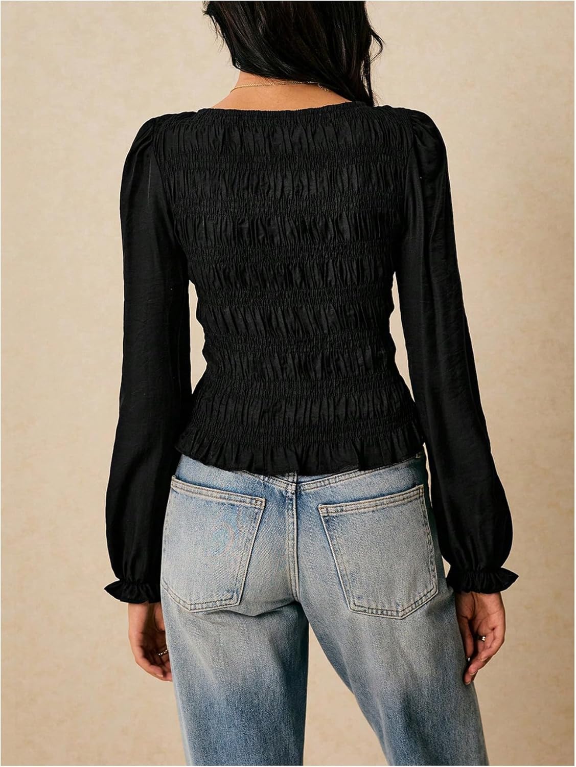 SHENHE Women's Puff Long Sleeve T Shirt Crew Neck Shirred Ruffle Fitted Tee Tops - Image 2