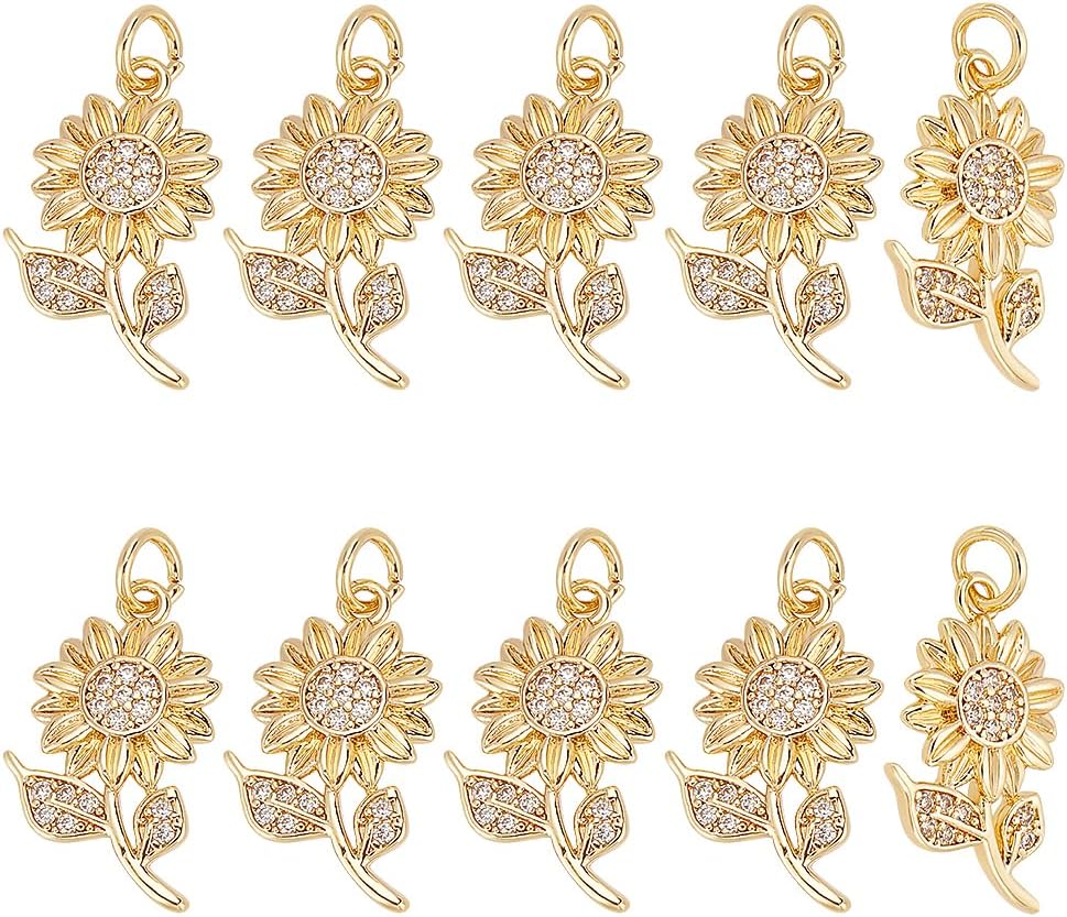 UNICRAFTALE 10Pcs 18K Gold Plated Daisy Charms Crystal Rhinestone Flower Charm Metal Sunflower Charm with Jump Ring for DIY Jewelry Making Necklace Bracelet Earring Jewelry Findings