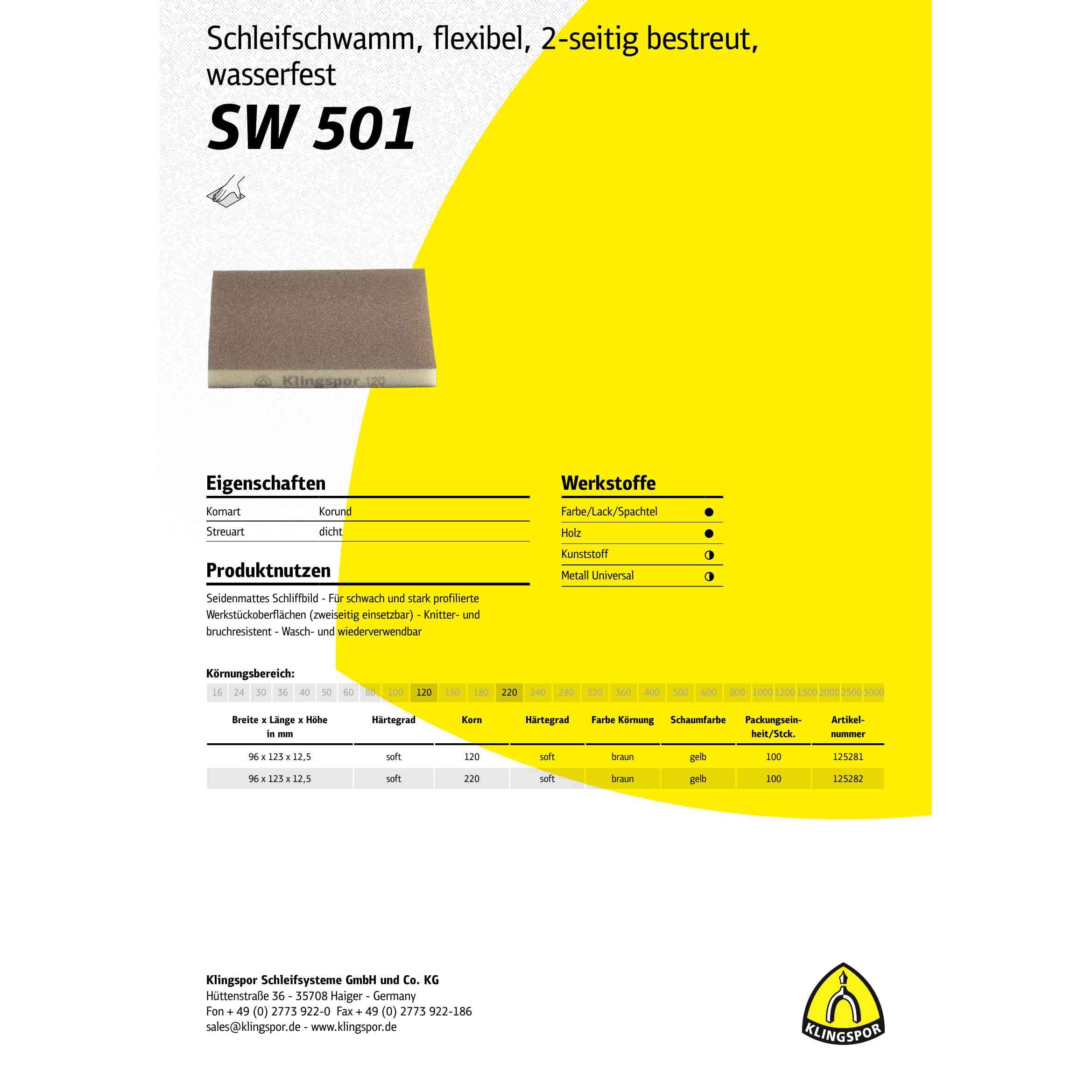 100 x Klingspor SW 501 spugne abrasive Corindone, 123 x 96 x 12,5 mm Grano 220 Art.: 125282