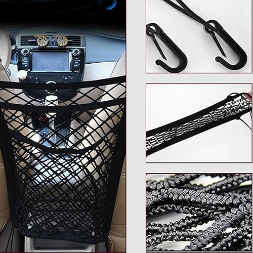 Miniatura 4 de 1 organizador de malla de 3 capas para automóvil con 4 ganchos, bolsa de red elástica de cuatro lados de 11.8 x 11.8 pulgadas, bolsillo de red de
