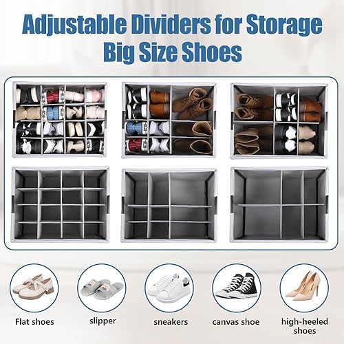 Miniatura 6 de HOUSE AGAIN Shoe Organizer for Closet, 2 Pack Foldable Shoe Storage Organizer Box with Wheels and Adjustable Dividers, Sturdy Metal Frame Fits up to