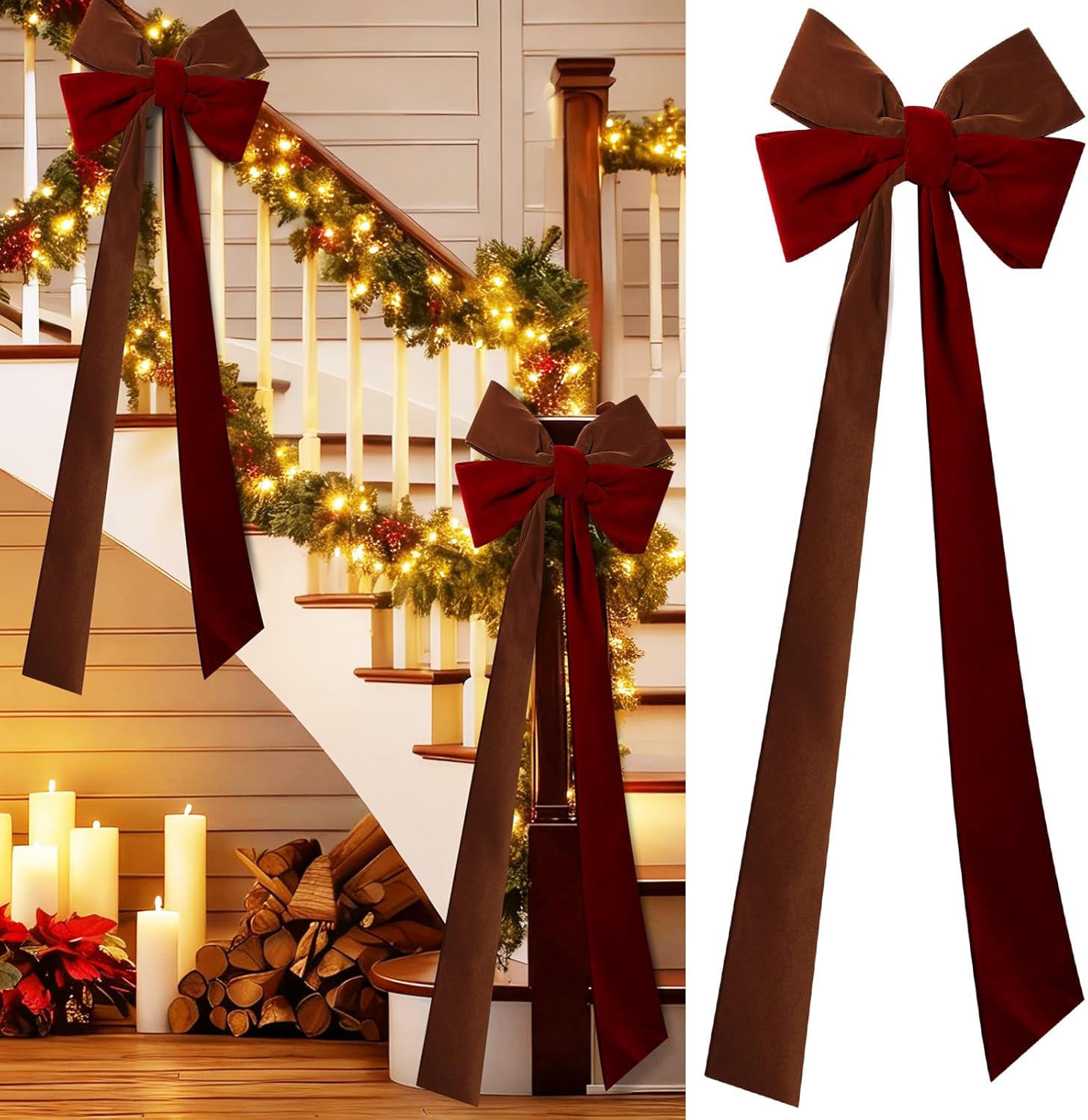 2Pcs Large Christmas Velvet Burgundy Bows13'' x 45''Christmas Front Door Bows with Long Tail Ribbon Xmas Tree Topper Holiday Wreaths Decor Stair Garland for Mantel Fireplace Porch