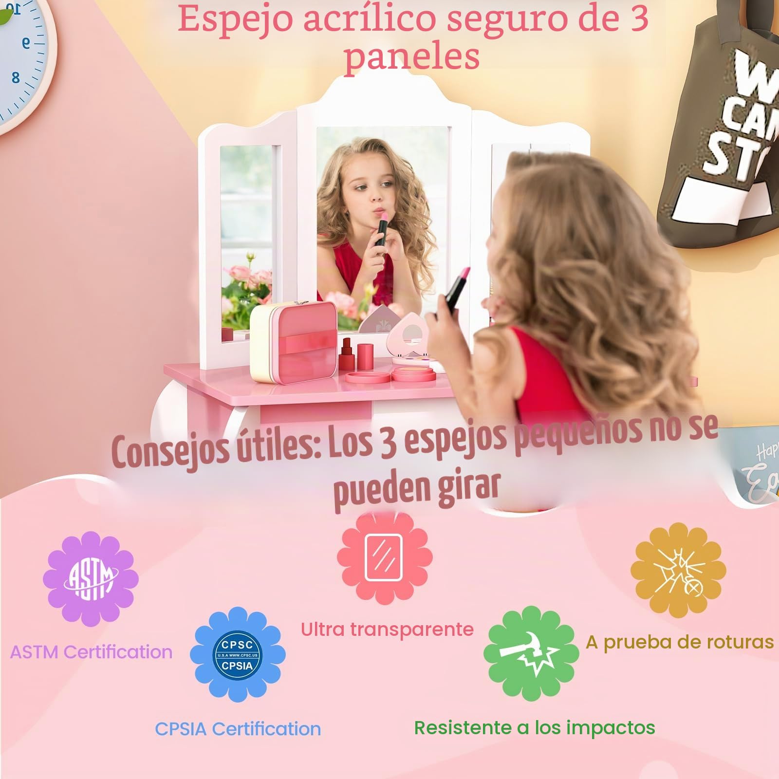 GOPLUS Tocador Infantil 2 en 1 con Espejo de 3 Solapas