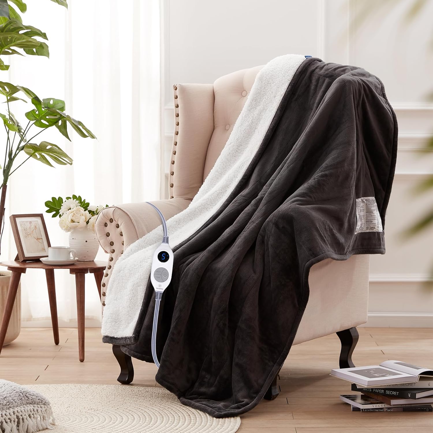 Westinghouse Heated Throw Blanket, Soft Flannel to Sherpa Electric Throw with 6 Heating Levels, 2-10 Hours Time Settings, Fast Heating, Machine Washable 50x60 Inch, Charcoal - Image 2