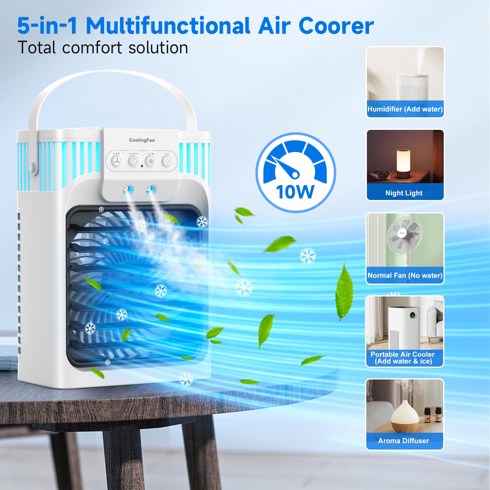 1200ml Aire Acondicionado Portatil con Mando, 5 en 1 Mini Aire Acondicionado, 3 Velocidades, 3 Modos de Nebulización, Luz de 7 Colores, Temporizador de 2-8H, Enfriador de Aire Portátil Interior — view 3