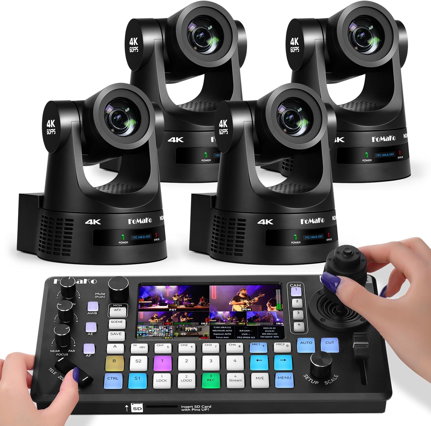 FoMaKo 4K 60fps NDI PTZ Camera, Supports NDI HX3 4K 60fps Output,KC800 2-in-One Video Switcher+PTZ Controller,for Study Tours Live Event or Summer Camps Live Streaming(K600NX4+KC800)