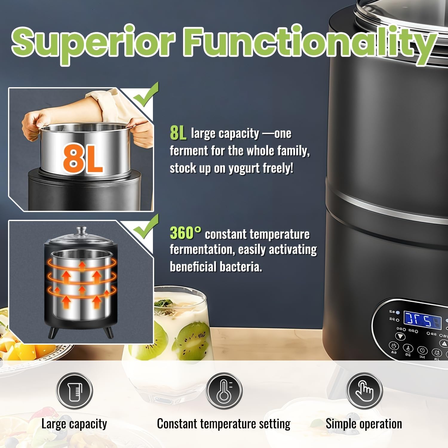 Macchina Per Fermentazione Yogurt Con Display LCD – 8L/12L, 400W/600W, Riscaldamento Uniforme 360°, Controllo Preciso Di Tempo E Temperatura, Design Smontabile, Per Uso Domestico(White,12L)
