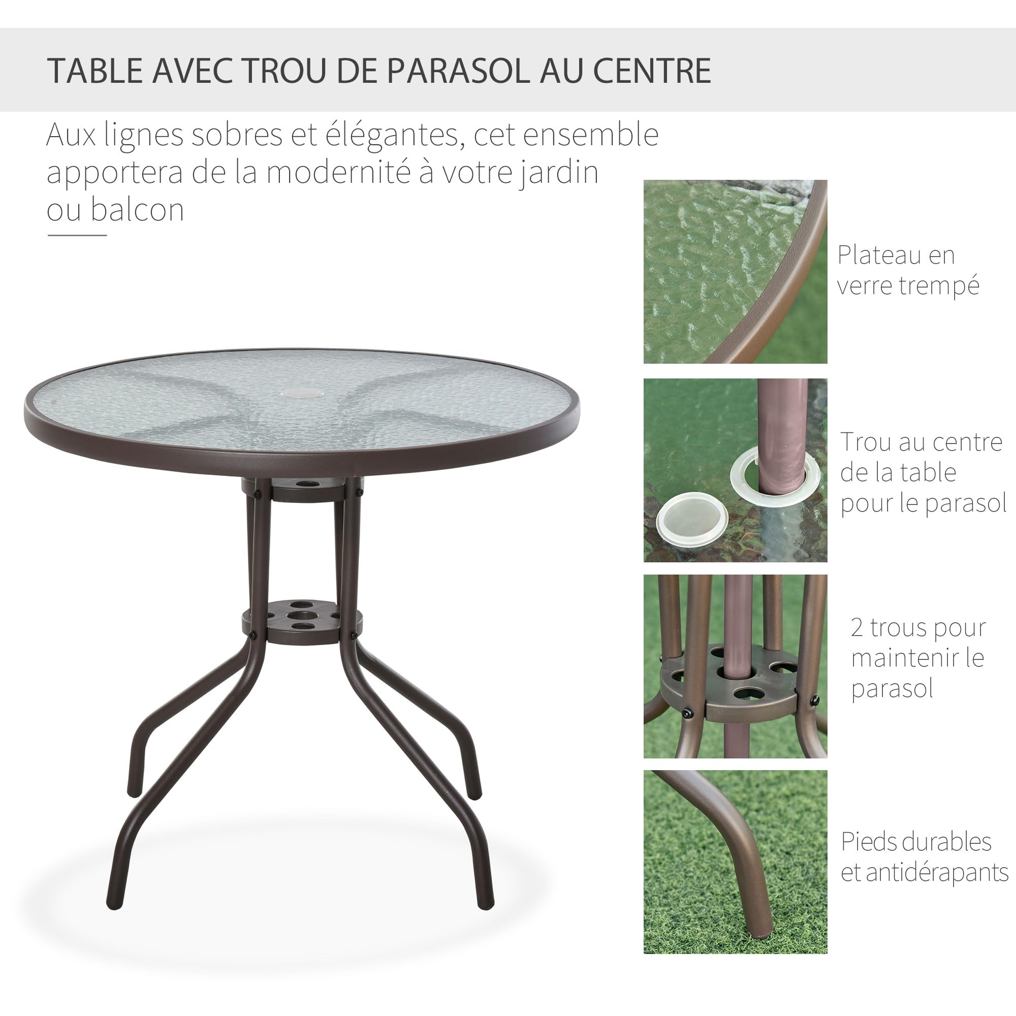 Outsunny Salon de Jardin 6 pièces Table Ronde Chaises Pliables Parasol Acier époxy Polyester Beige