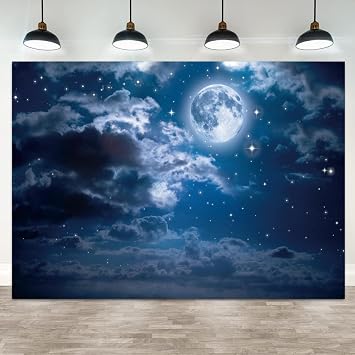 7x5ft Moon Backdrop Full Moon Night Starry Sky Photography Background Bright Stars Cloud Girl Boy Birthday Party Baby Shower Banner Decorations Kids Newborn Portrait Photo Booth Prop